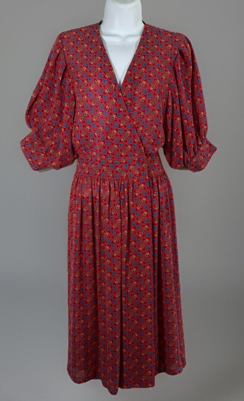VTG 70โs L Rothschild San Francisco Red Floral Prairie Cottagecore Dress No Sz